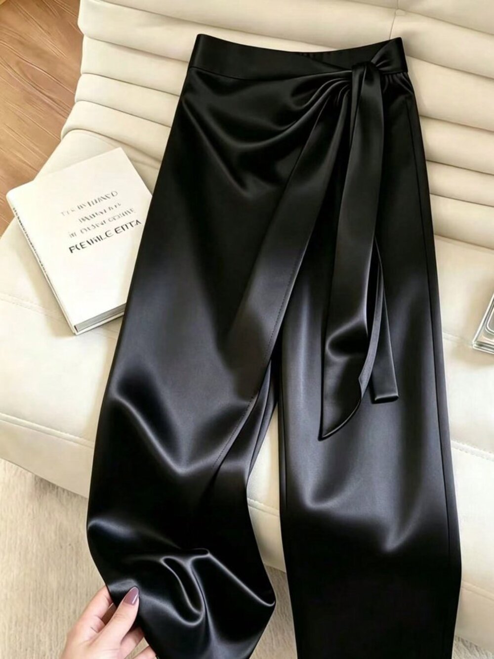 Black Elegant Women's Twist Elastic Waist Long Wide Leg Pants